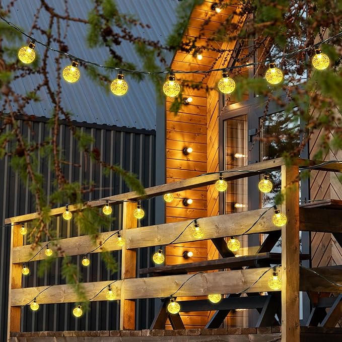 Joomer Solar Powered String Lights,39FT 60 LED Outdoor Solar String Lights Crystal Ball Lights 8 Modes Globe Lights for Garden, Gazebo, Porch, Lawn, Patio, Tree Decor (Warm White)