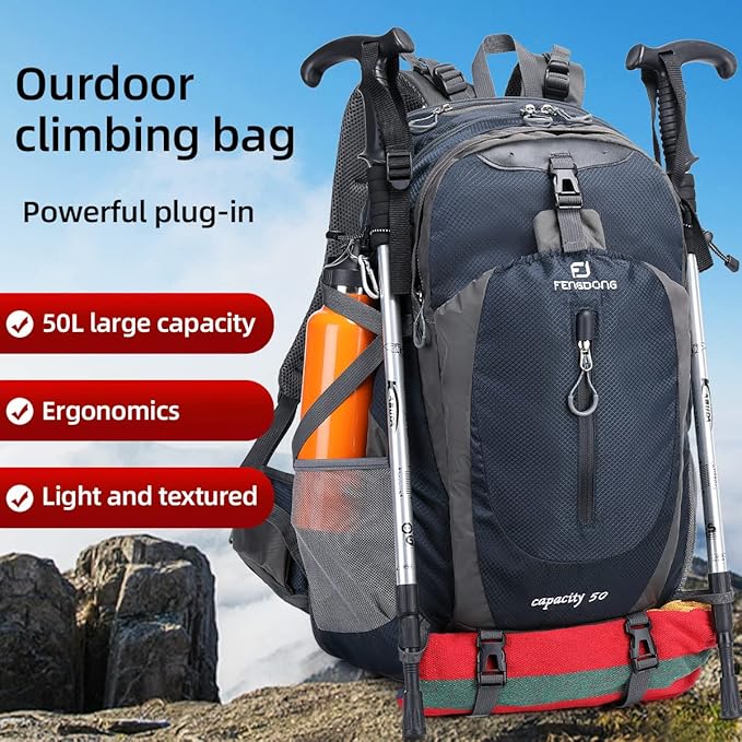 FENGDONG 50L Waterproof Lightweight Outdoor Daypack Hiking,Camping,Travel Backpack for Women Men blue