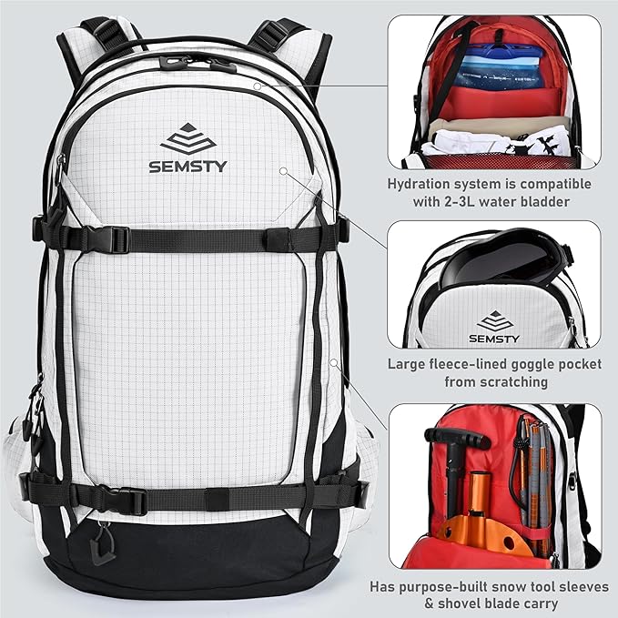 Ski and Snowboard Hydration Backpack, with 2L Water Reservoir and Insulated Harness, 30L Hydration Pack for Skiing, Hiking