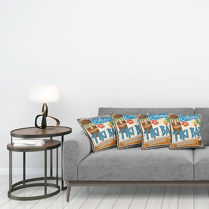 Ambesonne Tiki Bar Decorative Throw Pillow Case Pack of 4, Rusty Vintage Sign Aloha Exotic Cocktails and Coconut Drink Antique Nostalgic, Cushion Cover for Couch Living Room Car, 16", Brown Blue