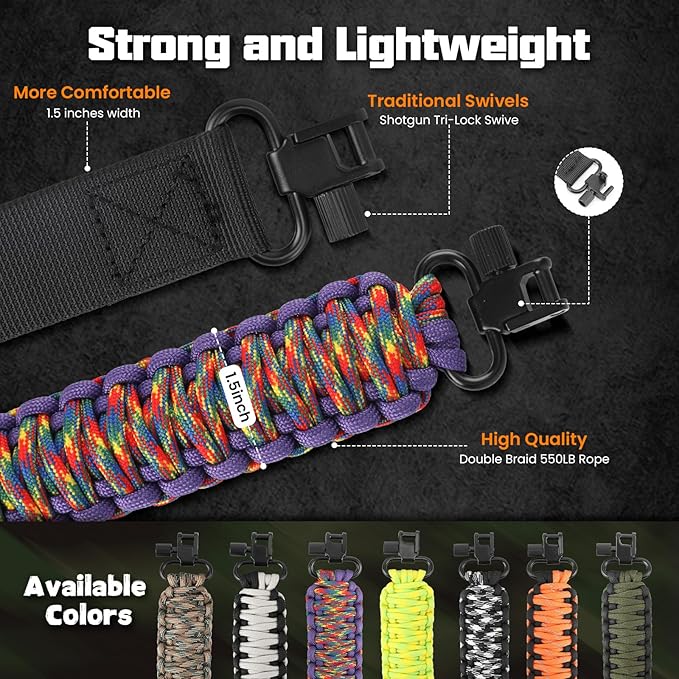 Double Braide 550LB Shotgun Sling 2 Point Paracord Rifle Sling,Non-Slip Traditional Adjustable Gun Sling for Hunting Shooting Camping