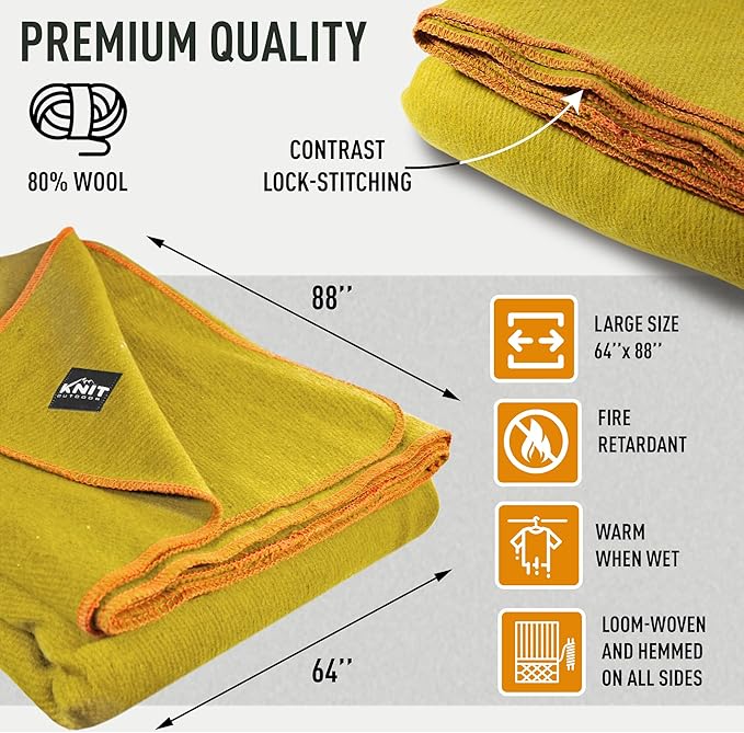 Large Military Wool Blanket - Warm & Thick Emergency Survival Blanket Great for Camping, Outdoors, Sports Events, Picnics, 4.5 lbs, 64" x 88" (Ochre Yellow)