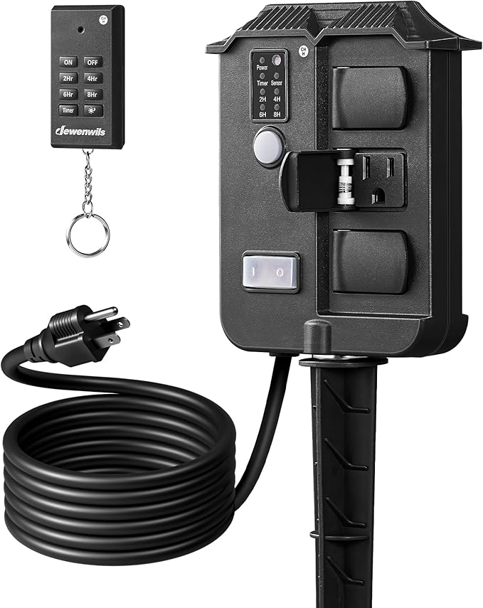 DEWENWILS Outdoor Power Stake Timer Waterproof, 6 Grounded Outlets, 6FT Extension Cord, 100FT Wireless Remote Control, Photocell Dusk to Dawn Timer for Lights, Yard, Garden, UL Listed, Black