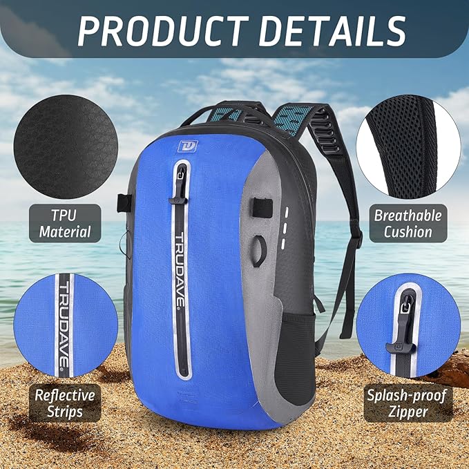Trudave Waterproof Backpack, Waterproof Submersible Backpack, Floating TPU Coated Dry Bag with Airtight Zipper for Kayak, Fishing, Boating, Hiking, Blue,(20L)