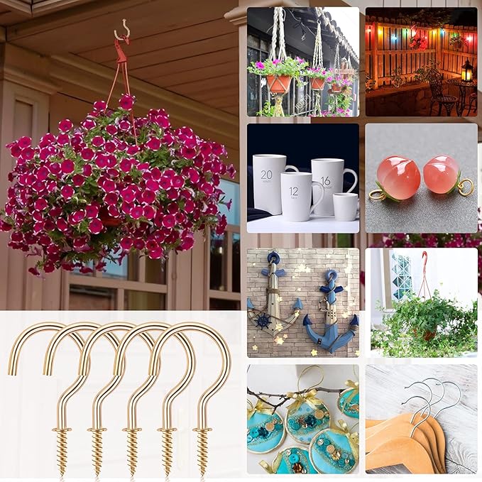 Cup Screw Hooks,100 Pack 1 inch Metal Screw in Ceiling Plant Hanger Wind Chimes Kitchen Cup Hooks Great for Hanging Indoor & Outdoor Use(Golden)