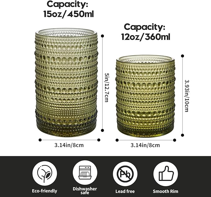 HomeVogue Vintage Hobnail Drinking Glasses Set of 12, 15 oz Highball Glasses & 12 oz Cocktail Glasses Set, Green Kitchen Water Glasses Cup, Bar Tumbler Glassware Set for Beer, Juice, Whiskey, Milk