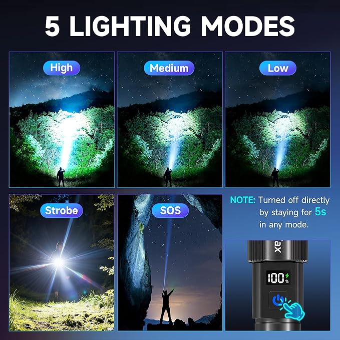 4Pack Rechargeable Flashlights High Lumens 10000LM, Super Bright Flashlight with LCD Digital Display, 5 Modes Adjustable Flash Light, LED Flashlight Powerful, Tactical Flashlights for Home