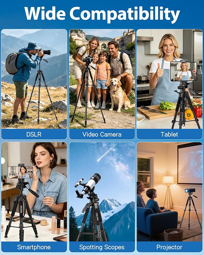 75" Camera Tripod, Aluminum Heavy Duty Camera Stand for ipad Phone, Travel Tripod with/Carry Bag/Phone Tablet Holder, Compatible with Canon Nikon Sony DSLR, Spotting Scopes, Max Load 15 Lb(Black)