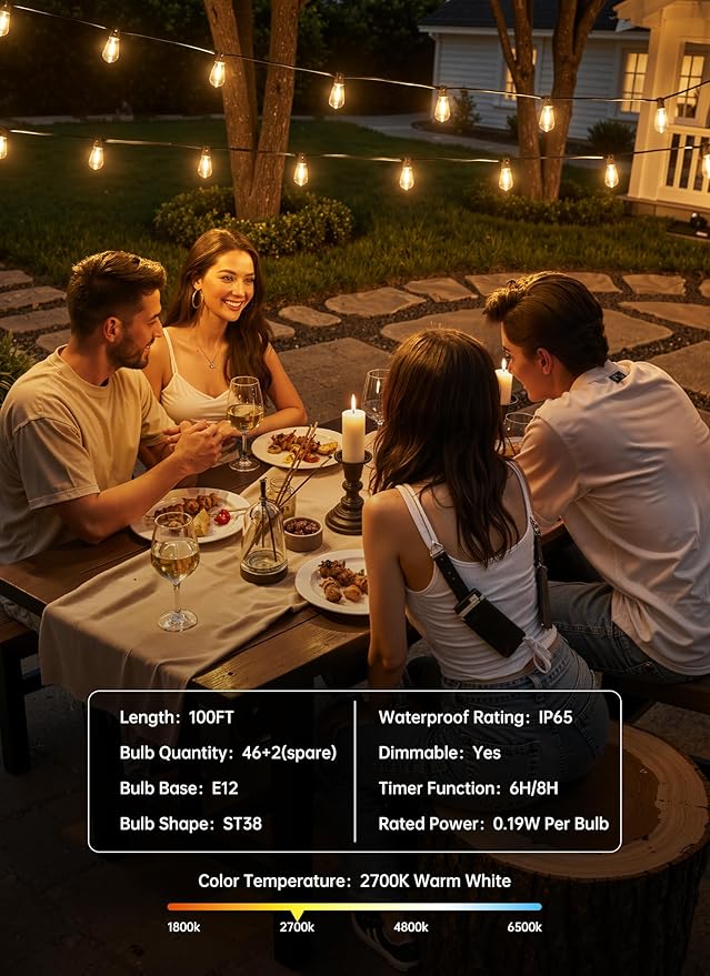 Minetom 100FT Outdoor String Lights with Remote, 46+2 Shatterproof ST38 LED Bulbs, Waterproof Patio Lights with 3 Modes, Dimmable & Connectable 2700K Hanging Lights for Backyard Porch Deck Balcony