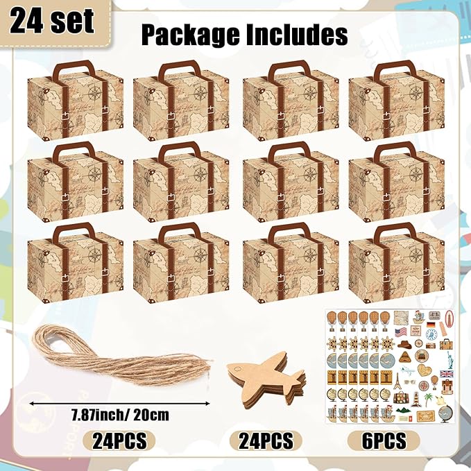 24Pcs Large Suitcase Party Favor Boxes Travel The Map Paper Treat Box with Tags Birthday Supplies Travel Theme Candy Goodie Gift Boxes for Birthday Shower Wedding Vintage Party Table Decoration