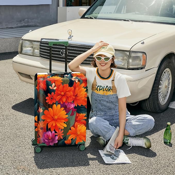 ANNA QUEEN Boho Floral Luggage Cover,Spring Orange Flower Pattern Suitcase Protector,Stretchable,Washable & Water Resistant, Universal Fit for 32-34 Inch Checked Baggage