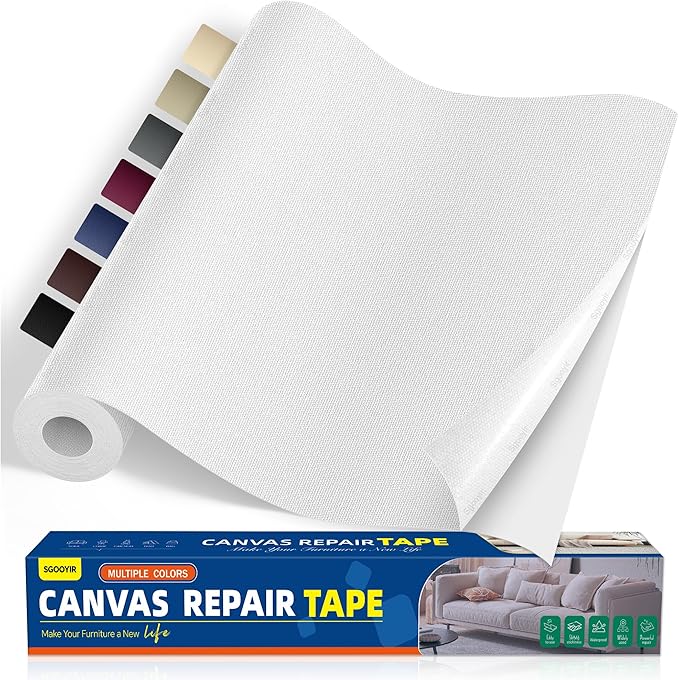 Self-Adhesive Canvas Repair Tape, 16" x 40" Waterproof Canvas Repair Patch, Fabric Patch Repairs Kit for Furniture, Tents, Sunbrellas, Boat Covers Awnings, Couches, Clothes, Bags White