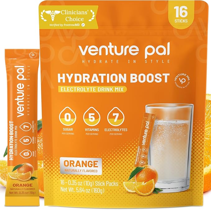 Venture Pal Sugar Free Electrolytes Powder Packets - Liquid Daily IV Hydration Packets | Instantly Hydrating & Party Recovery | 5 Vitamins & 7 Electrolytes | Certified Vegan, Keto, Non-GMO | 16 Sticks