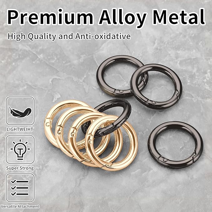 Gkeygo Key Ring Clip, 4/5 Inch Keychain Rings, 8 Pack Round Carabiner Clip for Keys, Buckle, Bags, Purses - Key Chain Hooks Replacement Keychains Lanyard DIY Crafts - Black, Gold