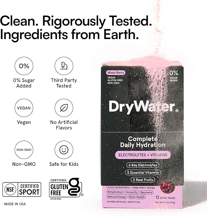 DryWater Electrolyte Powder Packets, Mixed Berry - Hydration Packets Drink Mix with Zero Added Sugar for Rehydration & Energy - 6 Key Electrolytes, 5 Essential Vitamins & 5 Real Fruits - 12 Pack