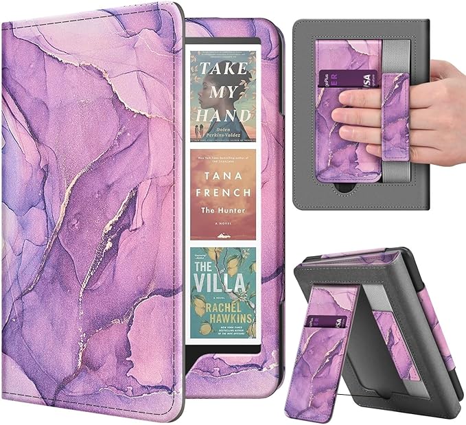 TNP Stand Case with Strap for Kindle Paperwhite 12th Gen 2024 / Kindle Colorsoft Signature Edition - 7" PU Leather Protective Folio Cover with Auto Wake/Sleep & Card Slot, Marble Purple