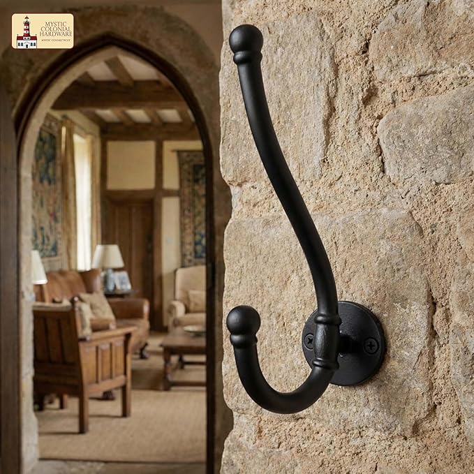 Mystic Colonial Rustic Cast Iron Wall Hooks, Heavy Duty Retro Utility Hanger, Multi Purpose Wall Mount Hooks for Hanging Coat, Bag, Towel, Robe, Hat, Pack of 10-8" x 1.5"