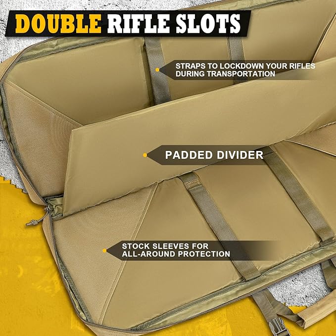 DULCE DOM 36 42 48 Inch Double Rifle Case, Tactical Soft Padded Backpack for Hunting & Shooting Range, Heavy-Duty Storage Gun Bag for 2 Rifles & Pistols with Lockable Zippers & MOLLE System