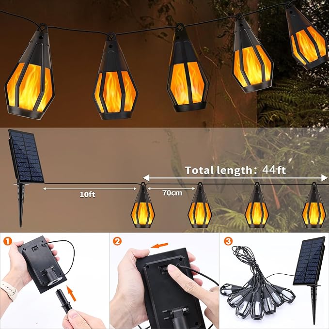 Solar String Lights for Outside, 44Ft Solar Patio Light with 20 Flickering Flame Light Bulbs, Waterproof Warm White Solar Powered Outdoor Lights for Garden Yard Patio Gazebo Bistro Cafe Party Decor