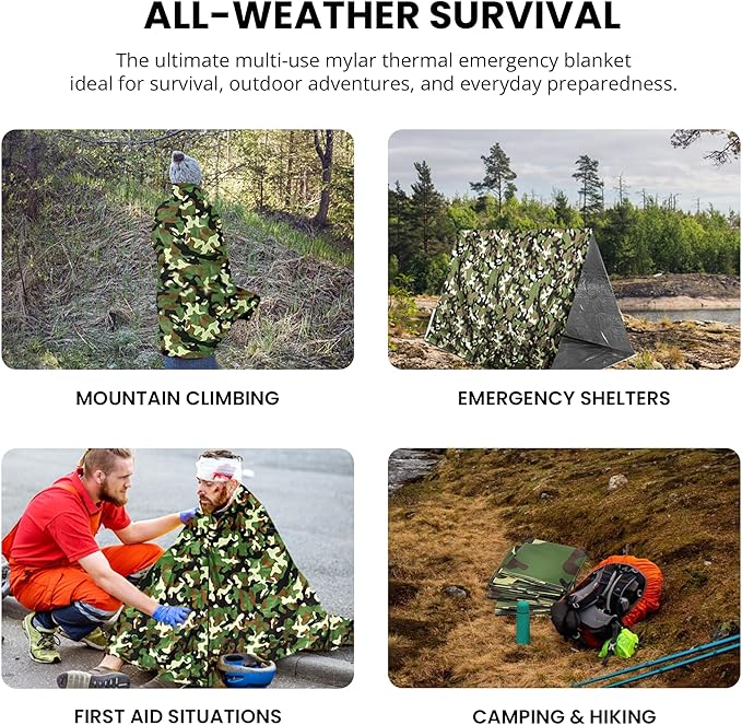 Primacare CB-6842-10 Emergency Mylar Thermal Blankets 10 Pack – 84"x52" Waterproof Space Blankets for Survival, First Aid, Camping, Hiking, Outdoor & Emergency Use – Lightweight Camouflage Design