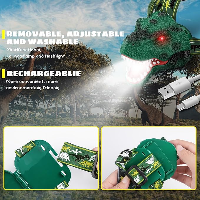 Dysaim Kids Headlamp,Rechargeable T-Rex Dinosaur Headlamp for Kid and LED Head Lamp Camping Gear Flashlight,Hiking Accessories Headlight Toys,Four Light Modes Suitable for Reading/Party Gift(2 Pack)