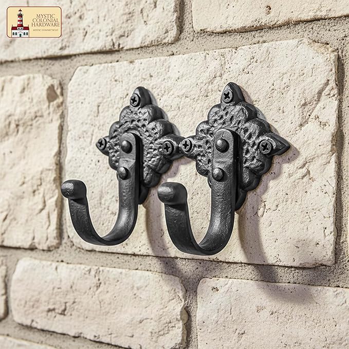 Mystic Colonial Rustic Cast Iron Wall Hooks, Heavy Duty Retro Utility Hooks for Hanging Coat, Bag, Towel, Robe, Hat & More, Pack of 2 | Joined Pieces, Black