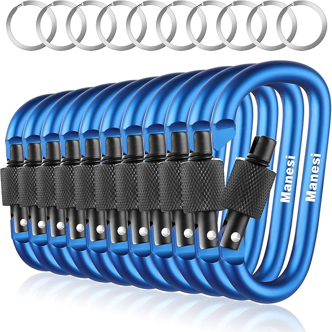 10 Pack Aluminum D Ring Key Rings Clips Locking Carabiner for Camping Fishing and Outdoor Use，Clips with Screw Gate Multicolored