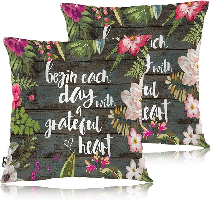 Swono Funny Quote 2Pcs Throw Pillow Covers for Men Women, Begin Each Day with Grateful Heart Bedding Pillowcase 18 X 18 Inch, Flowers Wood Decorative Pillow Cushion Cover for Couch Sofa Bed Home