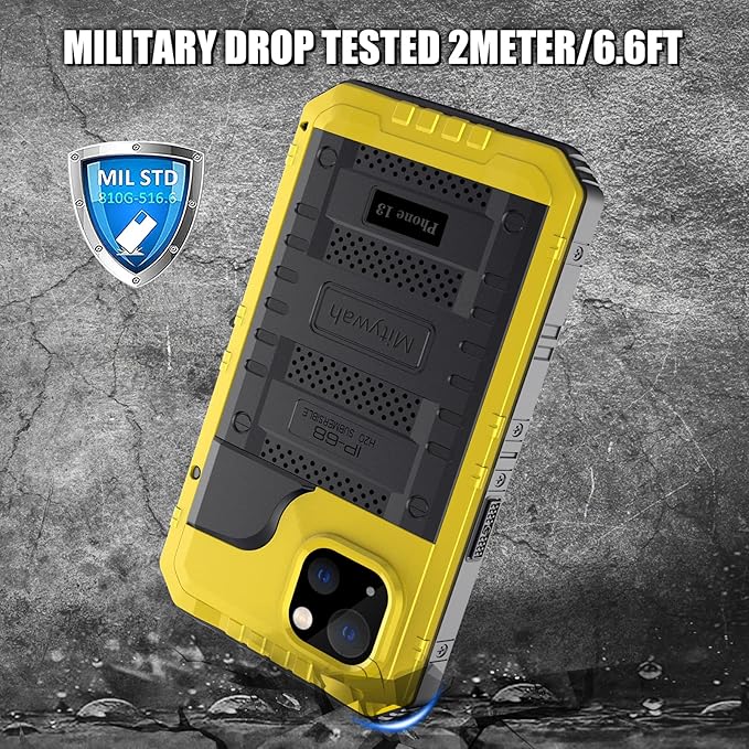 Mitywah Waterproof Case for iPhone 13, Heavy Duty Military Grade Drop Protection Phone Case with Built-in Screen Protector, 360° Full Body Protection Metal Armor Dropproof Case 6.1 inch, Yellow