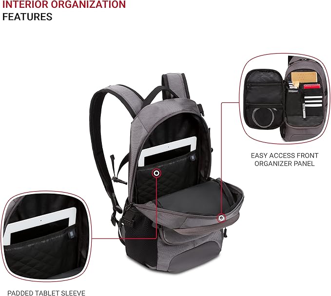 SwissGear 3598 Backpack, Narrow Daypack, Ideal for Commuting and School, Grey Ballistic