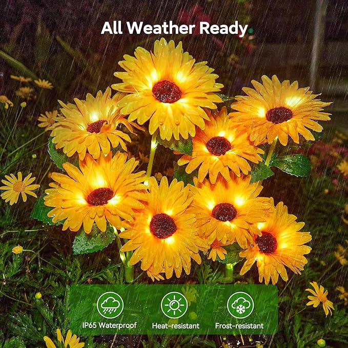 WdtPro Solar Lights Outdoor Garden Decor, 4 Pack Garden Lights with 16 Glowing Daisy Flowers, Solar Flowers Outdoor Waterproof for Outside Yard Patio,Gifts