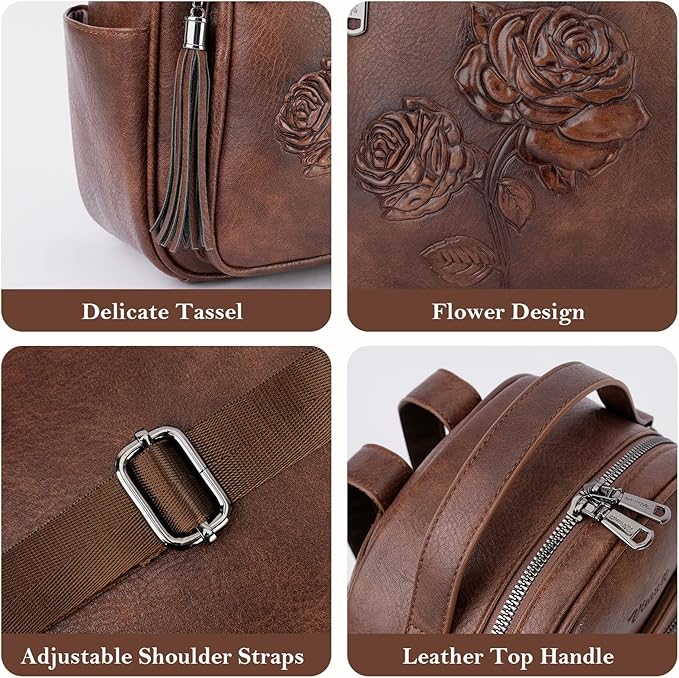 Mini Backpack Purse for Women,Embossed Leather Small Backpack Fashion Travel Backpacks Daypacks Shoulder Handbag (COFFEE-Flower)