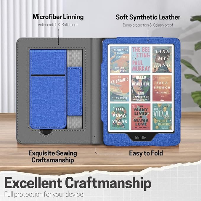TNP Stand Case for Kindle Paperwhite 12th Generation 2024 / Kindle Colorsoft Signature Edition with Hand Strap & Card Slot - 7" PU Leather Protective Folio Cover with Auto Wake/Sleep, Blue