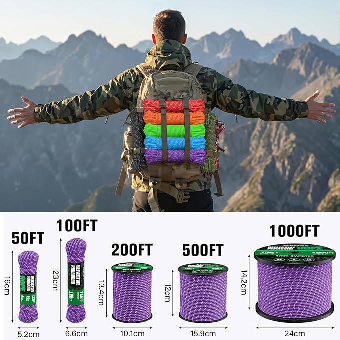 Reflective Paracord Rope 750 lb - 100ft 5/32" Parachute Cord 4MM 12-Strand para Cord - Heavy Duty Spool String for Survival,Camping Gear, Survival Bracelet, Clothesline - Purple