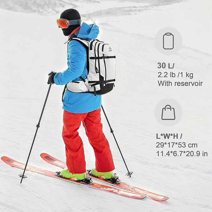 Ski and Snowboard Hydration Backpack, with 2L Water Reservoir and Insulated Harness, 30L Hydration Pack for Skiing, Hiking