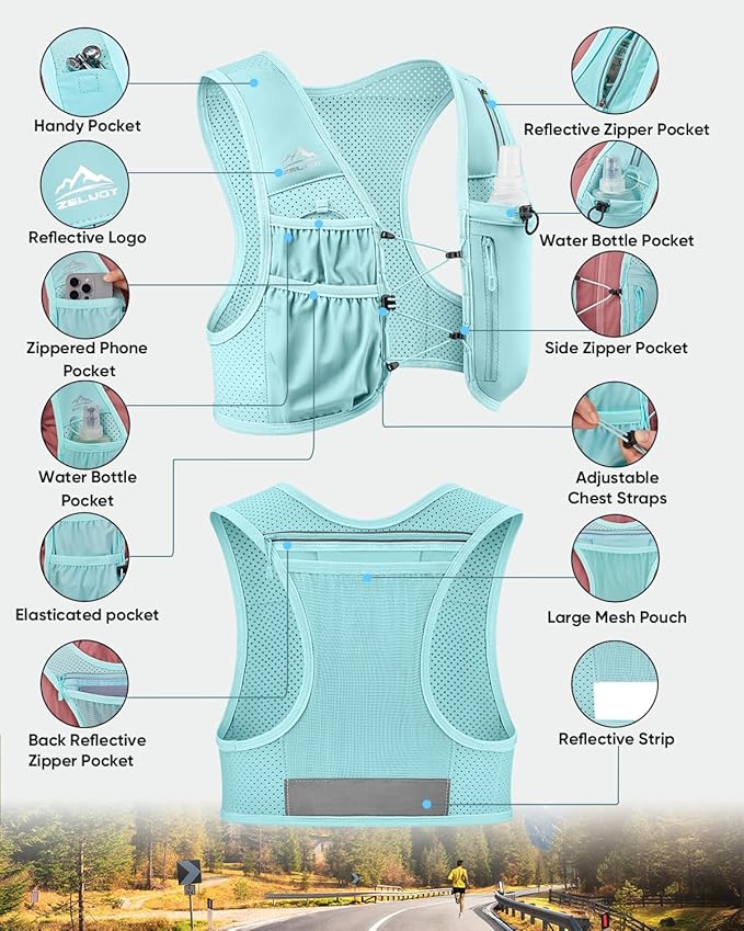 Zelvot Running Vest for Women Men, USA Original Patent, Adjustable Chest Straps Running Hydration Vest with 500ml Soft Flask, Lightweight Reflective Hydration Backpack for Marathon