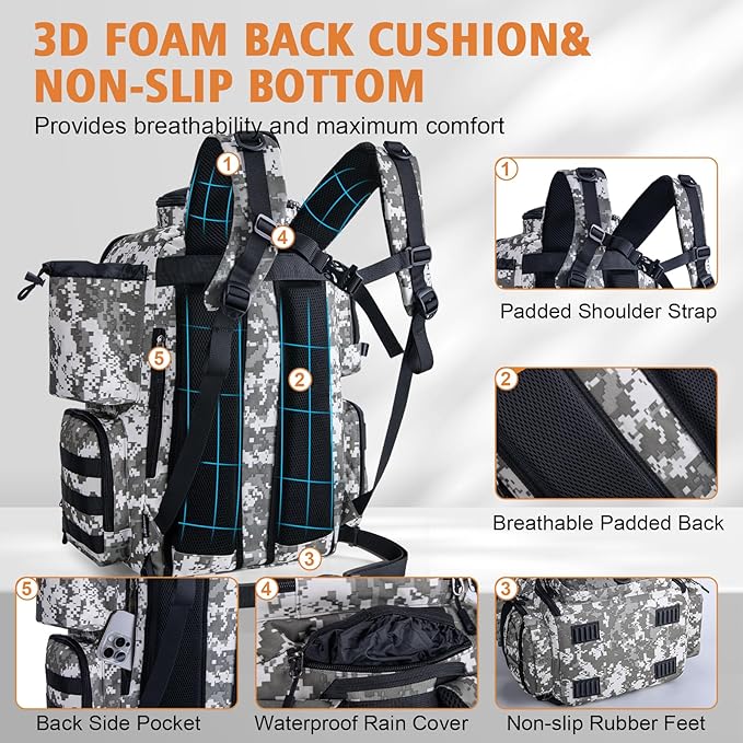 Goture Fishing Backpack, 900D Water-Resistant Tackle Backpack with Rod Holders, 58L Large Storage Gear Fishing Tackle Bag with Detachable Crossbody Bag,8 Lure Pockets,Bottle Holder for Camping Hiking