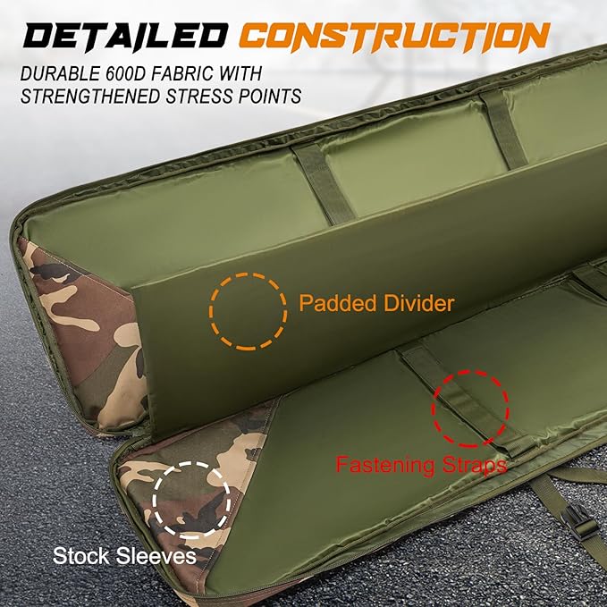 DULCE DOM 36 42 48 Inch Double Rifle Case, Tactical Soft Padded Backpack for Hunting & Shooting Range, Heavy-Duty Storage Gun Bag for 2 Rifles & Pistols with Lockable Zippers & MOLLE System