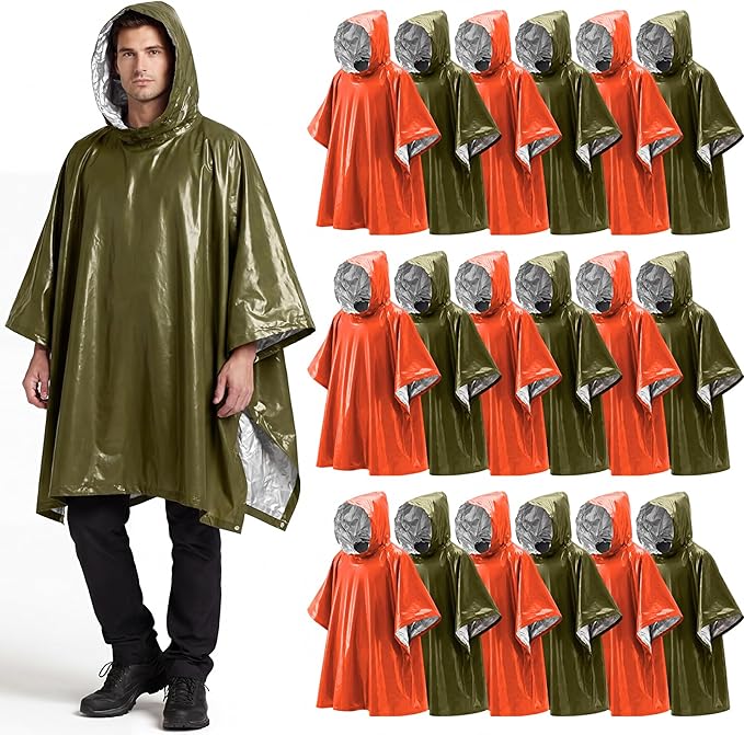 Tellegloww Emergency Ponchos with Polyester Film Blanket Liner Waterproof Windproof Thermal Survival Blanket Rain Ponchos