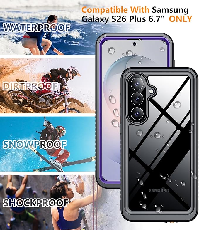 Temdan Designed for Samsung Galaxy S26 Plus Case Waterproof, Built-in Lens & Screen Protector Military Shockproof Dropproof IP68 Underwater Full Body Phone Case for Galaxy S26 Plus 5G 6.7"-Purple