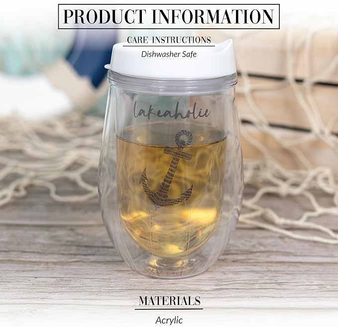 Pavilion Gift Company - Lakeaholic - 12 oz Wine Glass With Lid Wine Lover Kitchenware Lake Lover Lakefront Waterfront Outdoors Anchor Nautical Drinkware
