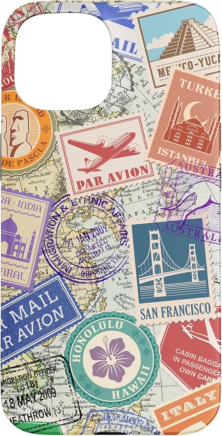 World Map Travel Passport Stamps Postage Stamp Case for iPhone 15