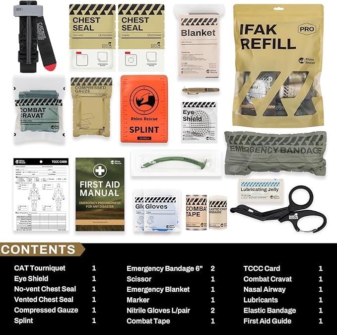 RHINO RESCUE IFAK Refill Kit 17Pcs with CAT Gen-7 Tourniquet, Emergency Tactical First Aid Kit Medical Supplies, IFAK Trauma Kit Combat Pack for Trauma Wound Care, Gunshot, Car & Camping(Brown)