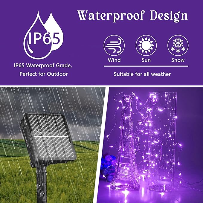 Selarlyt Solar String Lights for Outside, 72Ft 200 LED Solar Fairy Lights with 8 Modes, Solar Powered Fairy Lights Waterproof for Waterproof for Christmas Tree Garden Party Wedding Decor.（Purple）
