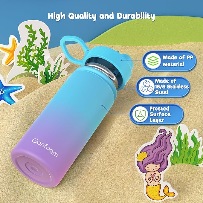 Kids Water Bottle, 16oz Kids Water Bottle with Stickers for School, insulated Stainless Steel Straw Cup(Blue/Purple)