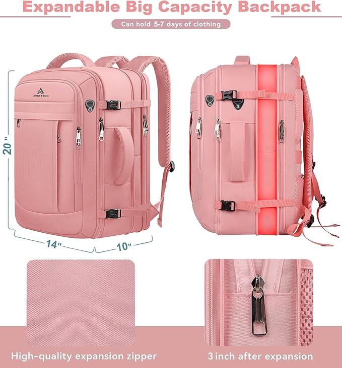 AREYTECO Travel Laptop Backpack for Women, 50L Expandable Extra Large Backpack,Carry On Backpack, Water Resistant Big Bag Anti-Theft Business Daypack Fits 17 Inch Laptop, Pink