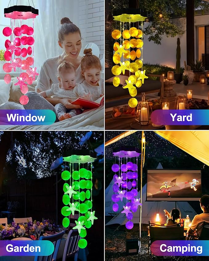 Toodour Solar Wind Chimes for Outside, Shells Light Gifts for Mom Grandma Women Wife Girls, Waterproof Solar Outdoor Decorative Mobile Light for Holiday Garden Porch Yard Outdoor Decor (Pink)