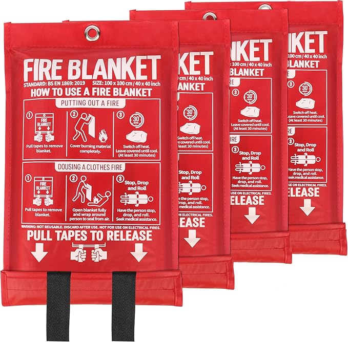 Emergency Fire Blanket 4 Pack 40"x40", Essential Fire Safety Blanket for Kitchen Home Garage Car Camping
