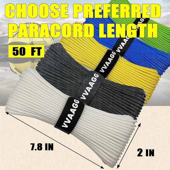 VVAAGG 1000 Paracord Rope, 50ft 12 Strand Parachute Cord for Crafting, DIY Projects, Survival Bracelets, Camping, Tent, Clothsline, Outdoor Hiking, Fishing (White, 50FT)