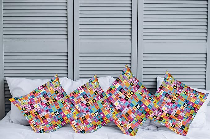 Ambesonne Abstract Throw Pillow Cushion Case Pack of 4, Colored Alphabet Letters Pattern Game Graphic Print, Modern Accent Double-Sided Digital Printing, 18", Multicolor